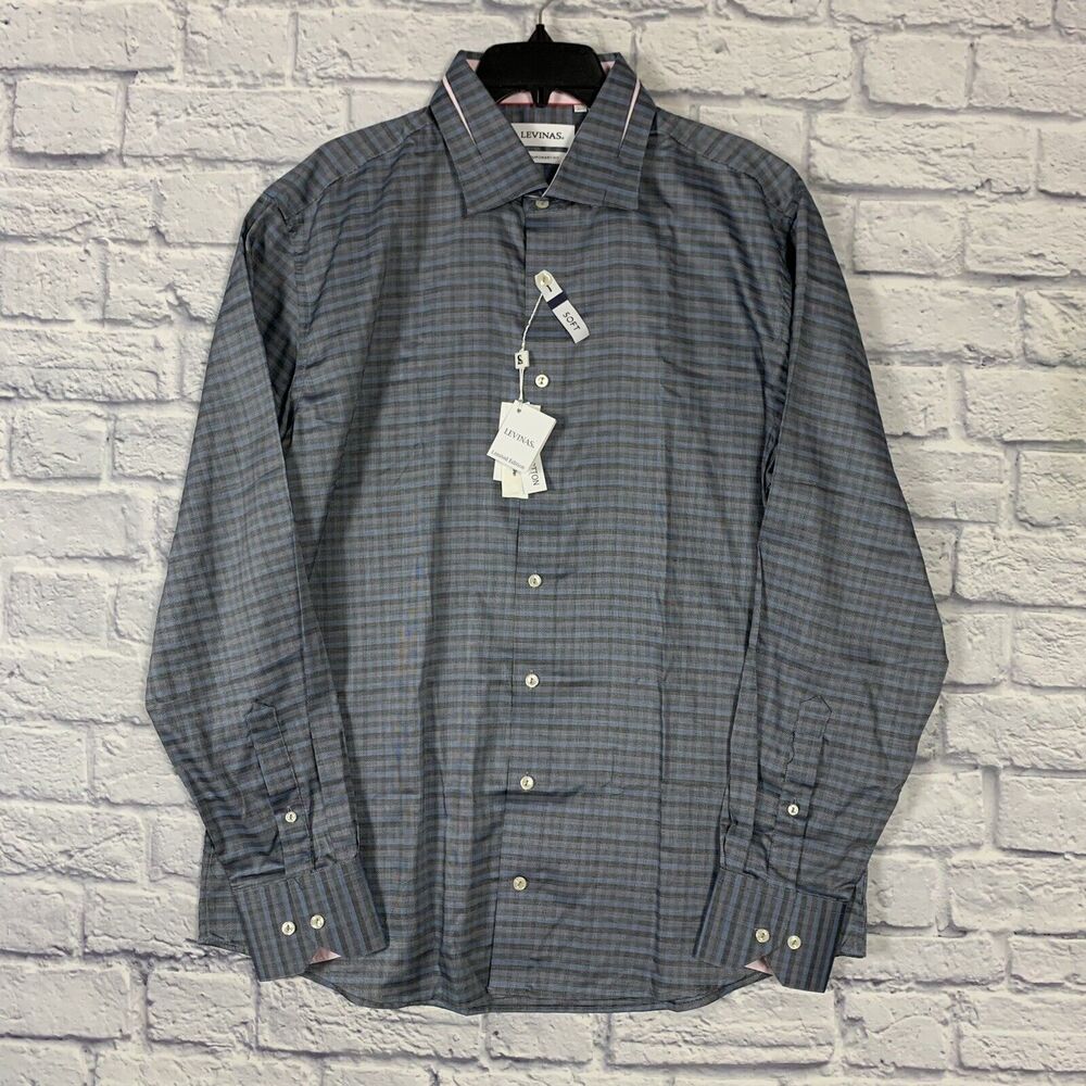 New Long Sleeve Button Up Shirt By LeVinas Men XL Contemporary Fit Charcoal Blue